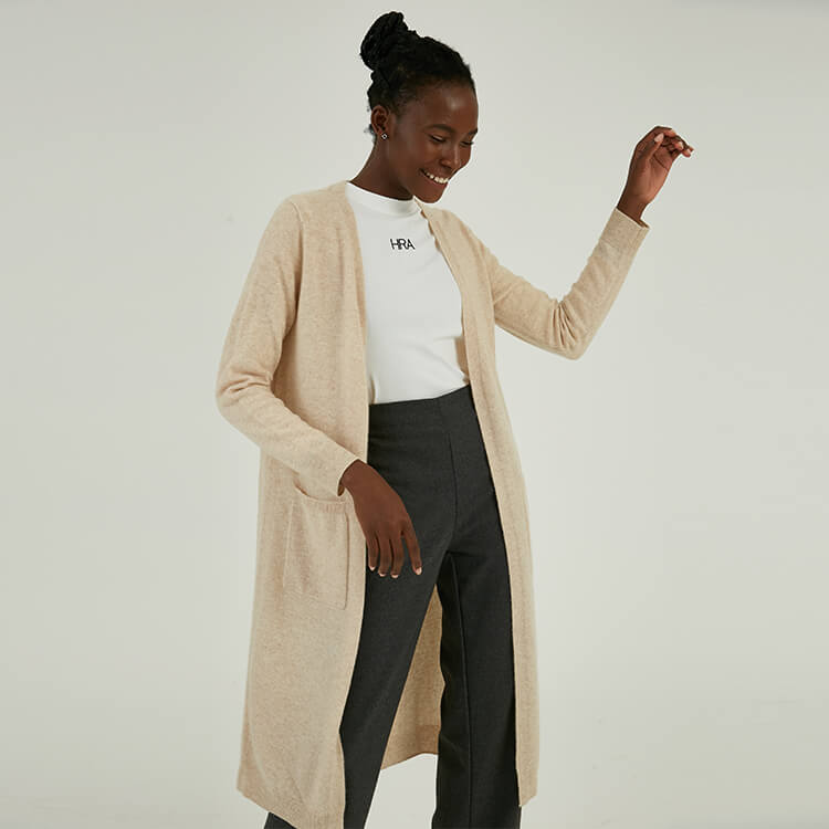 Haut de gamme personnalisé 100% Cachemire Automne Hiver Long Cardigan à tricoter