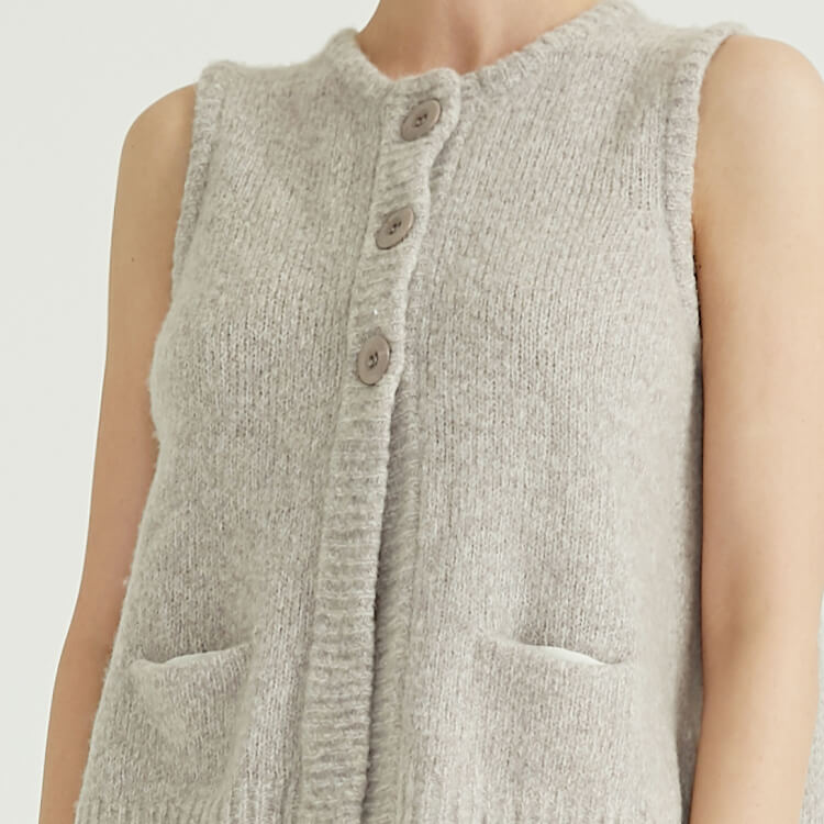 Gilet Femme Élégant Gris Poche Dos Mohair Pull Gilet Avec Double Lacets