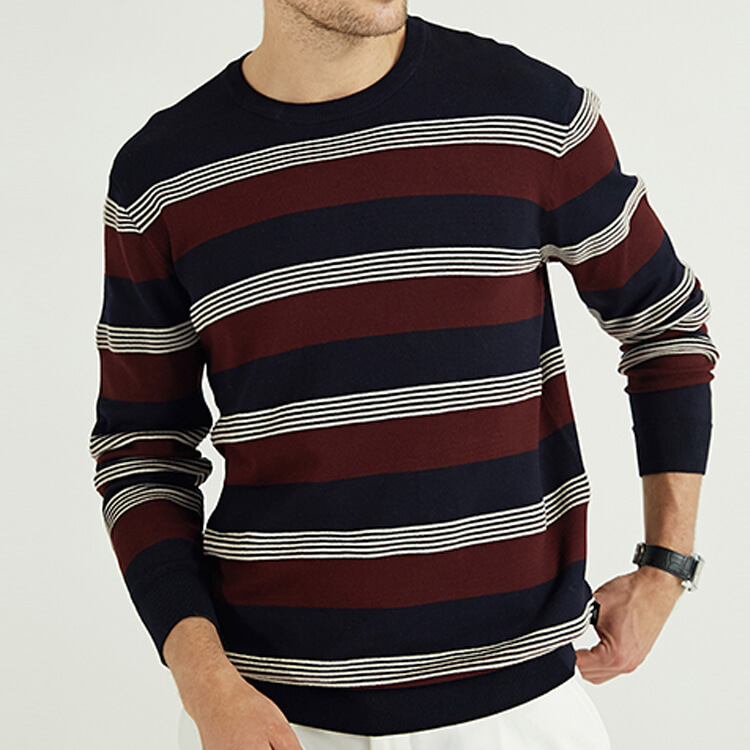 Chandail en tricot uni rayé à col rond pour hommes d'hiver 100 % cachemire personnalisé