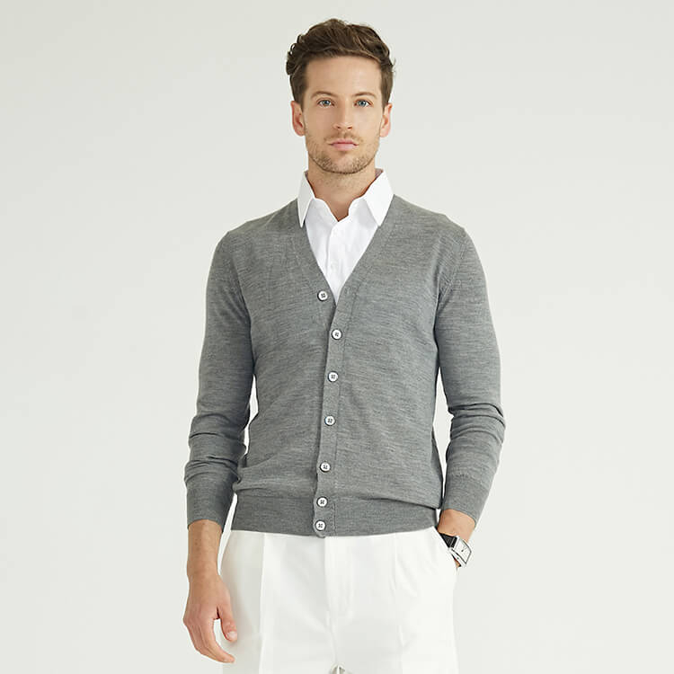 Chandail cardigan en pure laine mérinos 100 gris classique pour homme personnalisé avec bouton