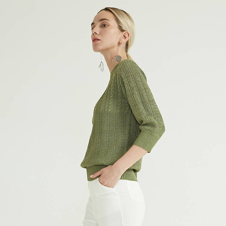  Dernier col rond col rond manches longues vert câble pull pull tricoté femmes chandails