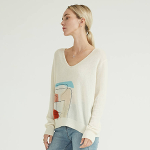 Col en V couleur unie imprimé tricoté simple hiver femmes pull pull