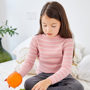 Pull col rond manches longues en maille fille rose et blanc rayé