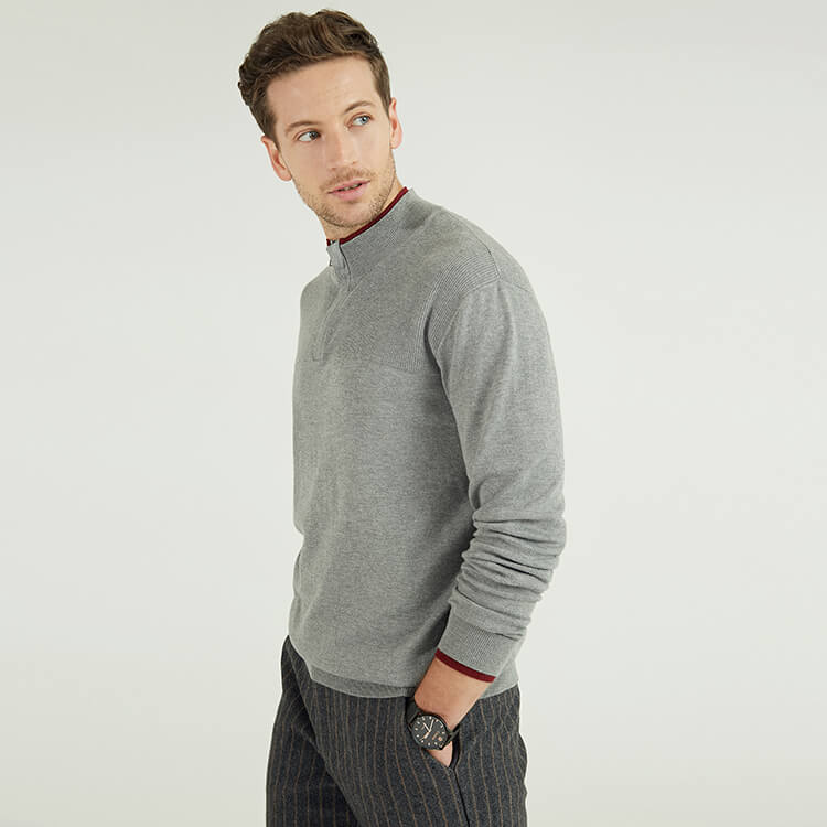 1/4 Zip Pull Tricoté Simple Contraste Couleur Pull à Manches Longues pour Homme