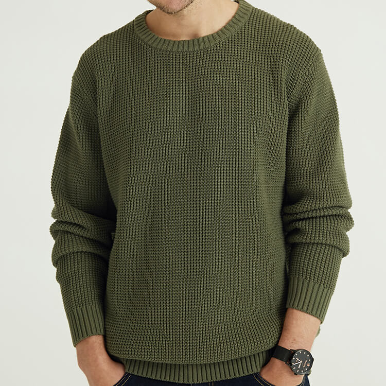 Pull en tricot à col rond vert armée 100 % coton bio durable pour homme d'hiver personnalisé