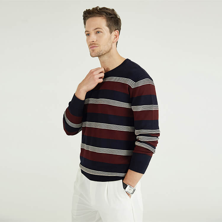 Chandail en tricot uni rayé à col rond pour hommes d'hiver 100 % cachemire personnalisé