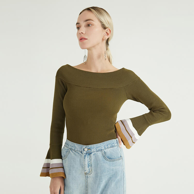 Pull en laine tricoté en cachemire à col classique et à manches évasées pour femme