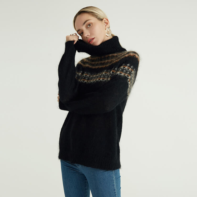 Pull en mohair pour femme de luxe noir à manches longues et col roulé