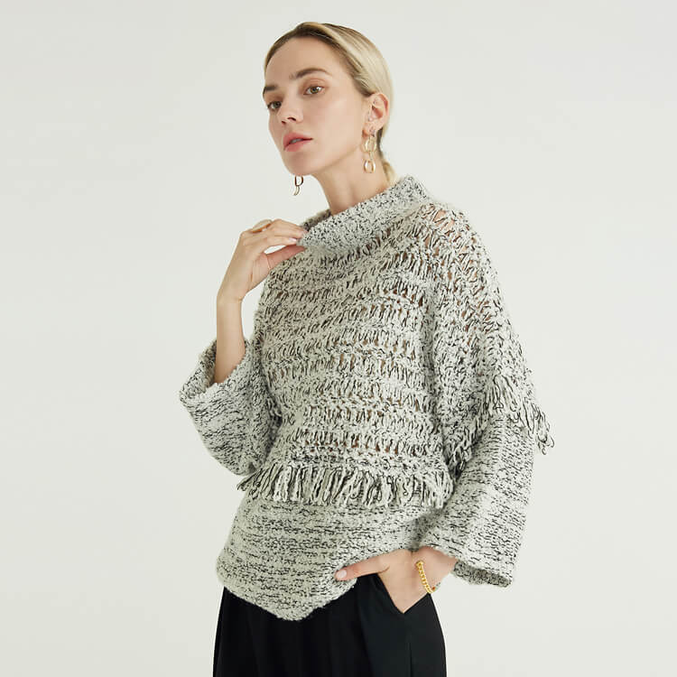 Demi Col Roulé À Franges Design Minimaliste Pull Tricoté Pull Femme