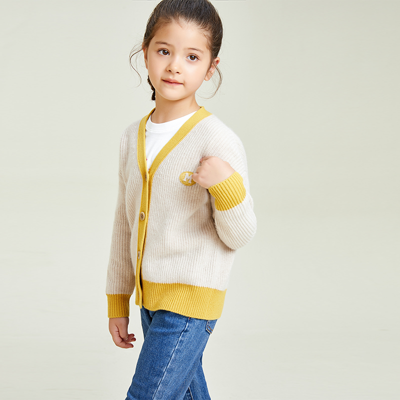 Cardigan jaune à manches longues et col en V à coutures contrastées pour filles