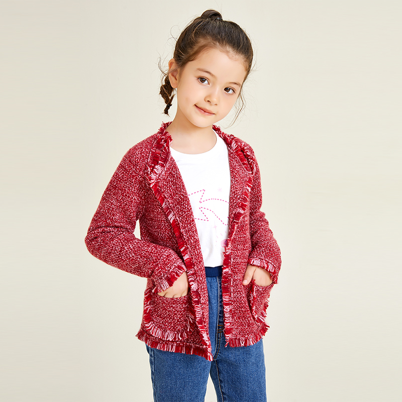 Petit cardigan pour filles en tricot à manches longues au design classique rouge parfumé