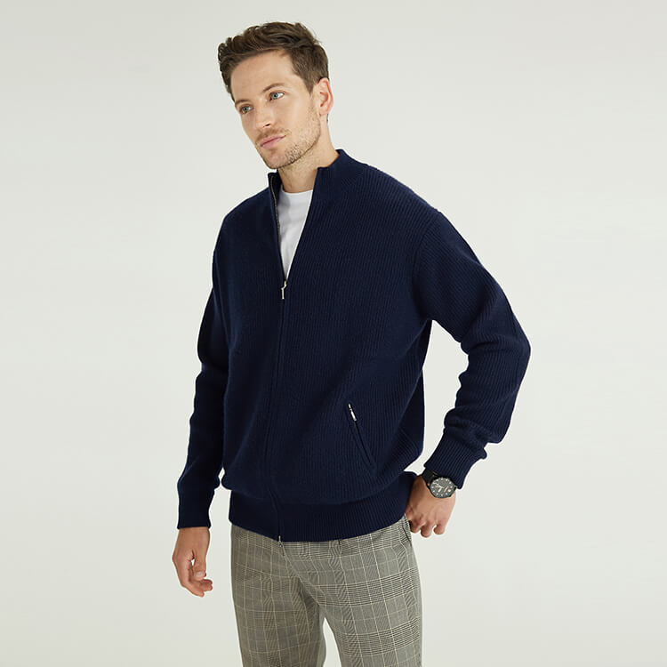 Custom Mens 100% Laine Full Zip Up Navy Blue Rib Knit Cardigan Jacket