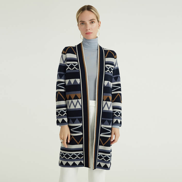 Manteau tricoté en laine mérinos et cachemire pour femme automne-hiver avec motif rayé