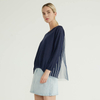 Pull en tricot bleu à col rond et à rayures en tulle pour femmes