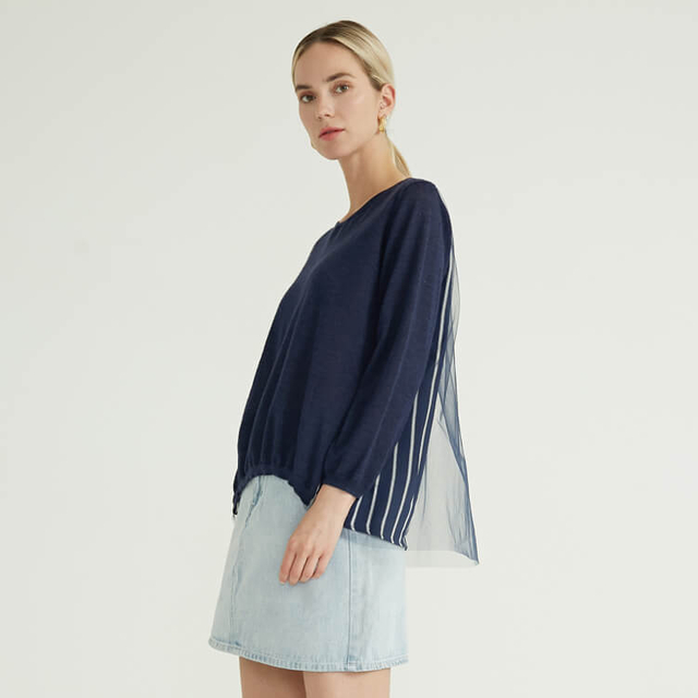 Pull en tricot bleu à col rond et à rayures en tulle pour femmes