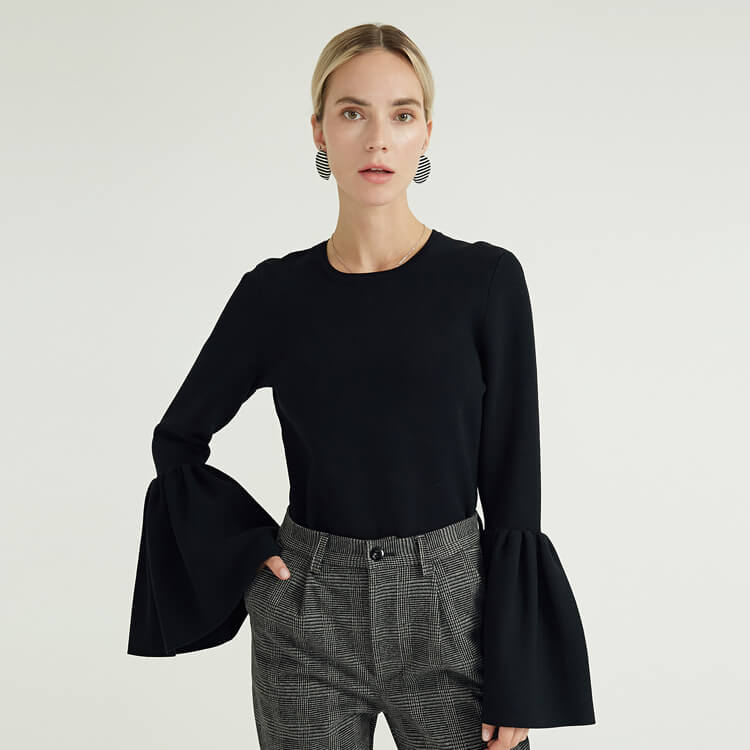 Black Bell Cuff Round Neck Crew Neck Jumper Pulls en tricot Femme Pull tricoté