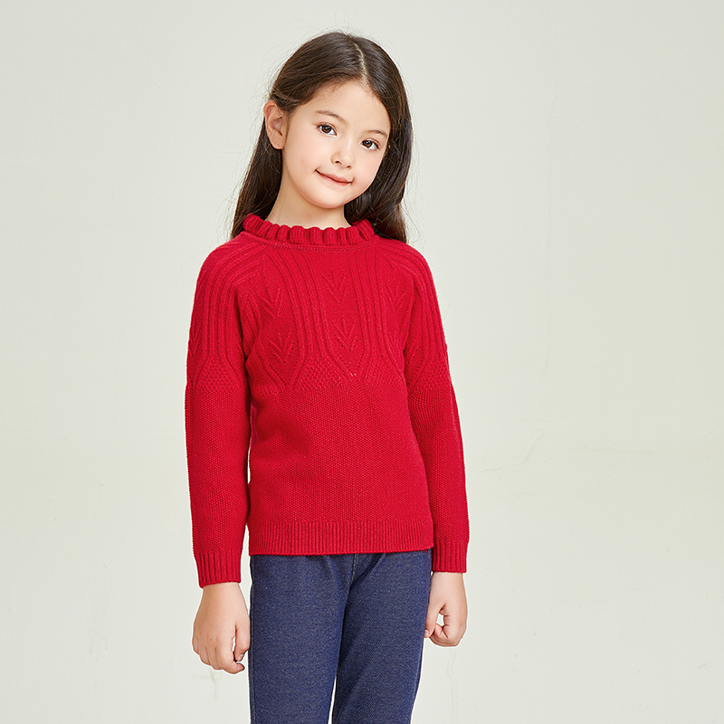 Pull à col rond en dentelle à manches longues rouge chaud pour filles