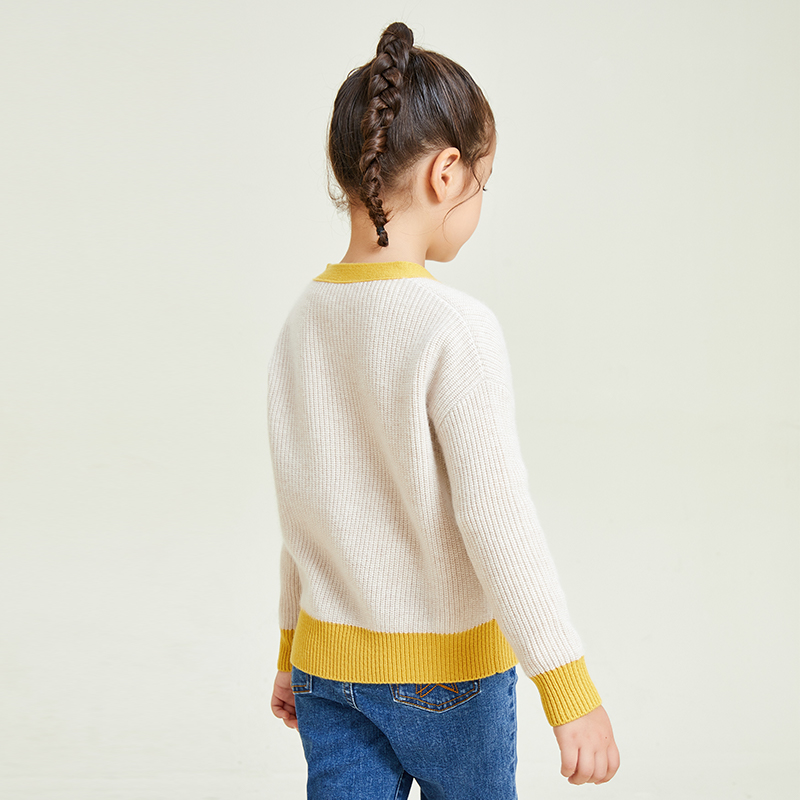 Cardigan jaune à manches longues et col en V à coutures contrastées pour filles