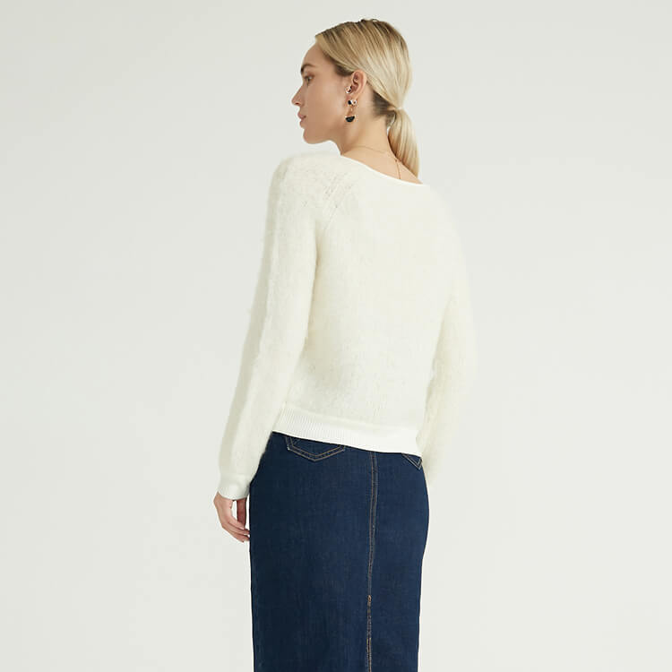 Solide col rond mode lâche pulls décontractés Mohair Crochet pull femmes