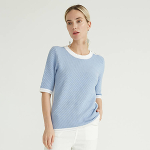 Pulls en laine tricotés bleu clair à col rond et demi-manches pour femmes