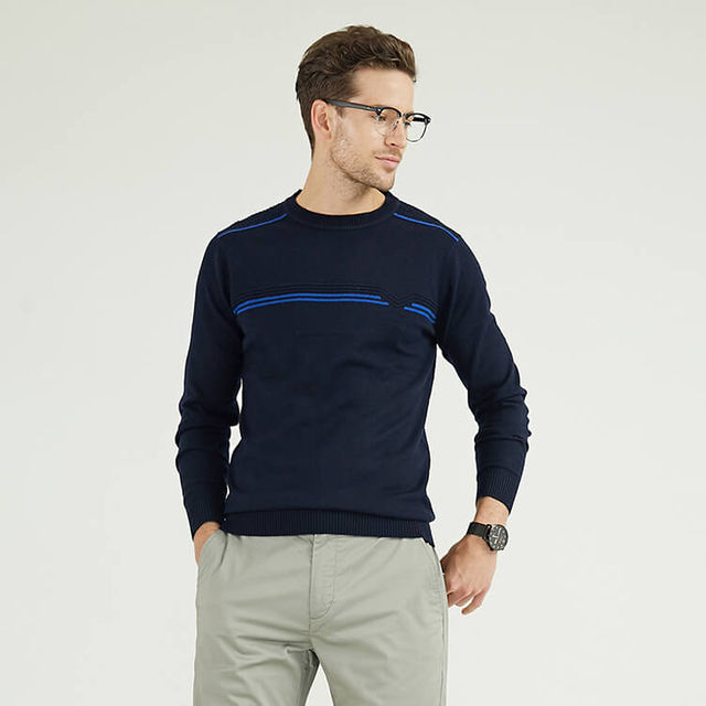 Pulls tricotés à col rond en intarsia bleu marine pour hommes sur mesure