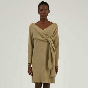 Automne hiver personnalisé 100 % laine mérinos Midi Wrap robe pull en tricot avec ceinture