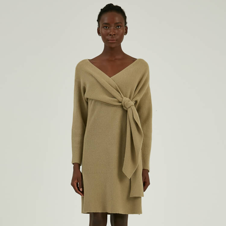 Automne hiver personnalisé 100 % laine mérinos Midi Wrap robe pull en tricot avec ceinture
