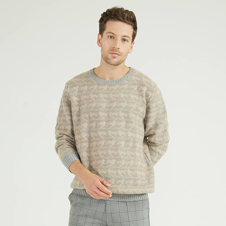 Chandail à tricoter jacquard à col rond 100 % cachemire personnalisé pour hommes