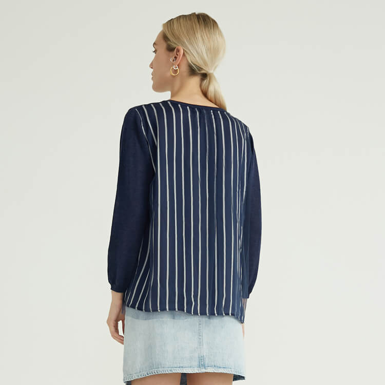 Pull en tricot bleu à col rond et à rayures en tulle pour femmes