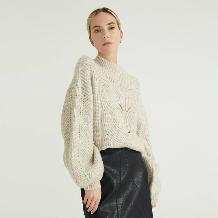 Pull en coton avancé simple à col mi-long de couleur unie pour femme