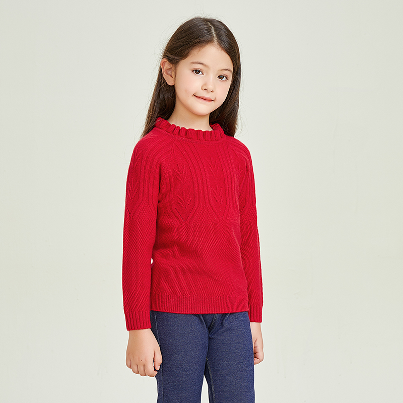 Pull à col rond en dentelle à manches longues rouge chaud pour filles