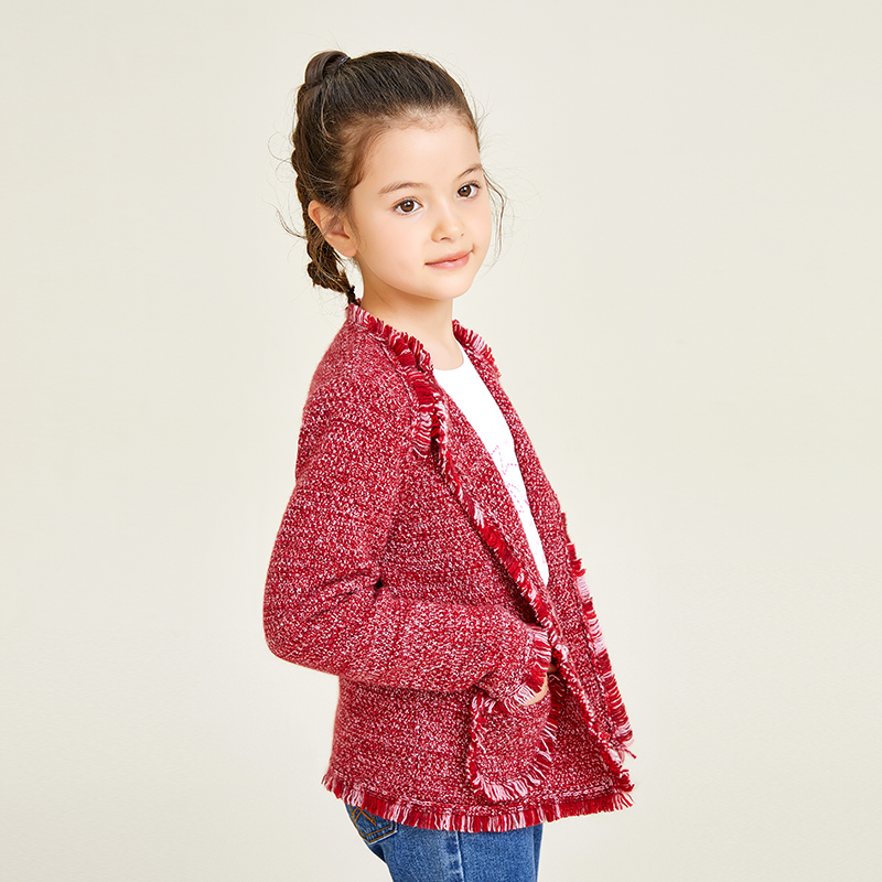 Petit cardigan pour filles en tricot à manches longues au design classique rouge parfumé