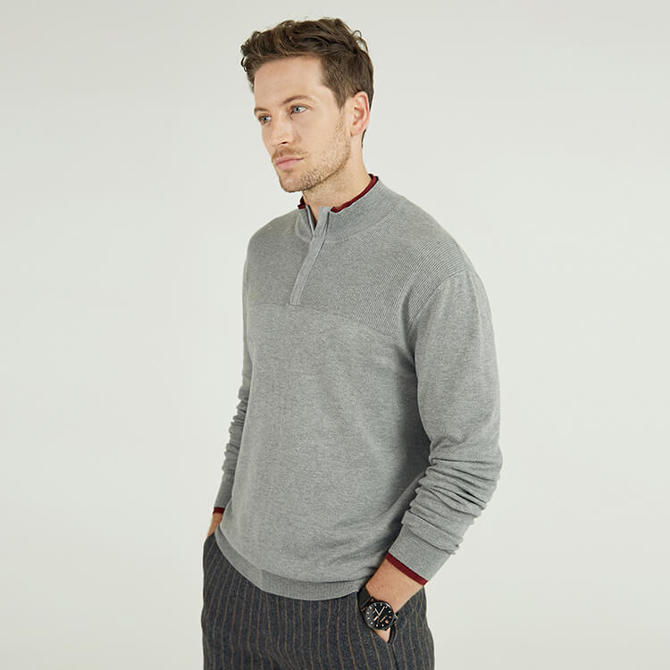 1/4 Zip Pull Tricoté Simple Contraste Couleur Pull à Manches Longues pour Homme