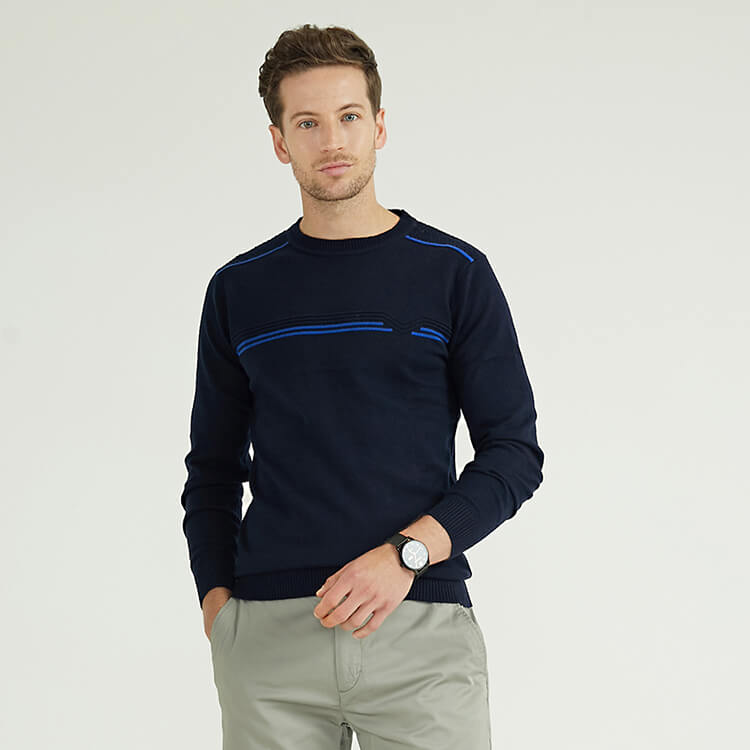 Pulls tricotés à col rond en intarsia bleu marine pour hommes sur mesure