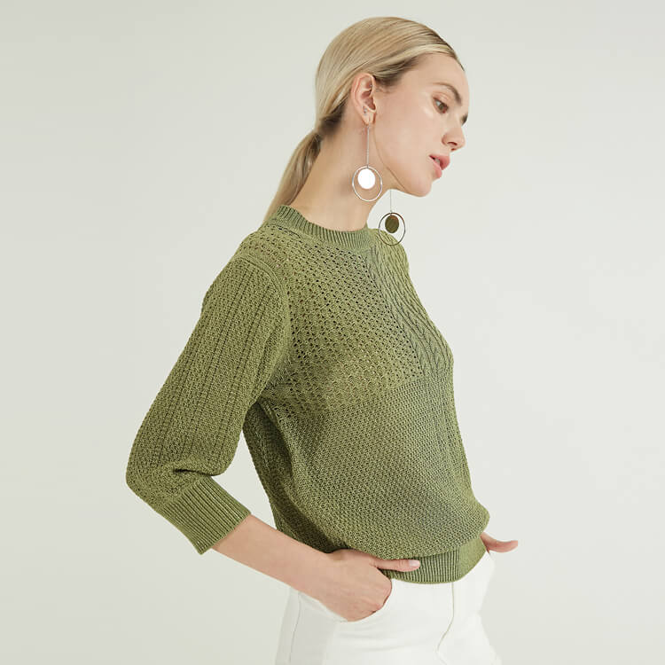  Dernier col rond col rond manches longues vert câble pull pull tricoté femmes chandails