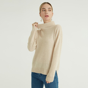 Beige à manches longues col roulé col haut basique pur col roulé tricoté luxe 100% femmes pull en cachemire