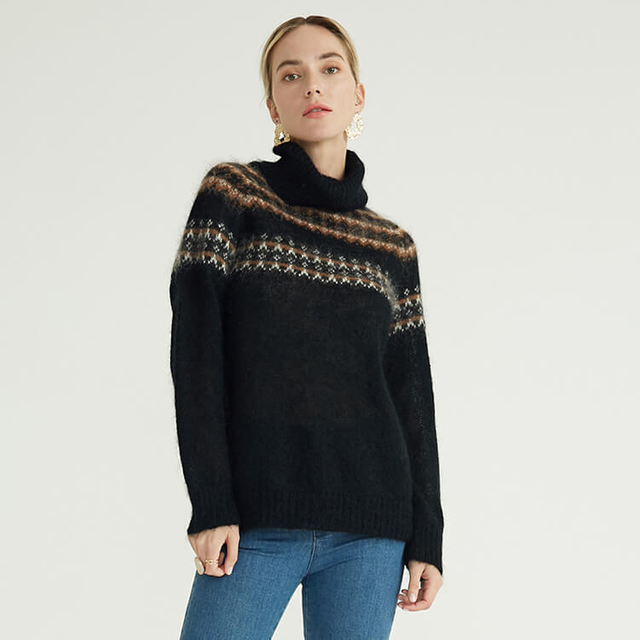 Pull en mohair pour femme de luxe noir à manches longues et col roulé