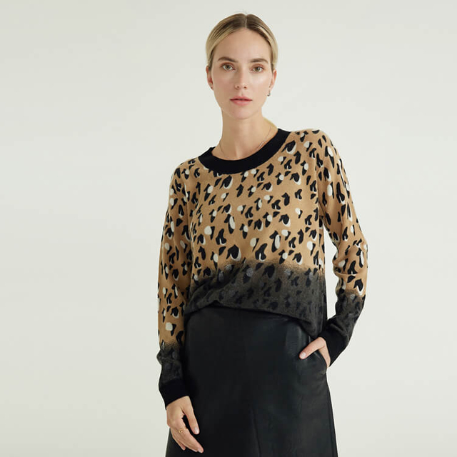 Imprimé léopard col rond pur décontracté femmes tricot pull en cachemire tricoté chandails