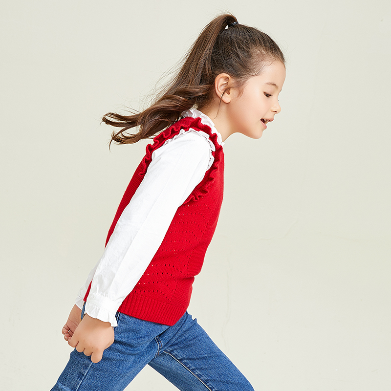 Gilet à enfiler sans manches à col rond pour filles avec motif de bord d'oreille tricoté