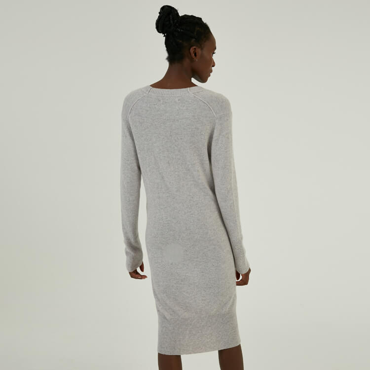 Robe mi-longue en tricot à manches longues et col en V profond pour femmes 100% cachemire