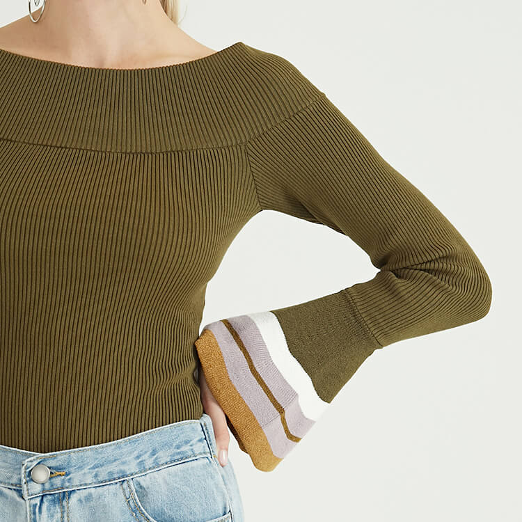 Pull en laine tricoté en cachemire à col classique et à manches évasées pour femme