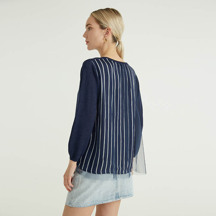 Pull en tricot bleu à col rond et à rayures en tulle pour femmes