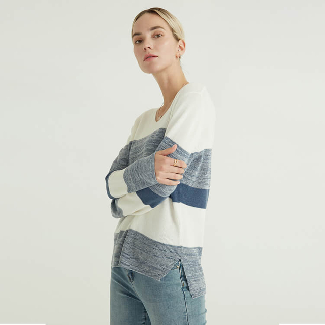 Pulls pour femmes tricotés à la mode à col en V de couleur contrastée simple pour les femmes