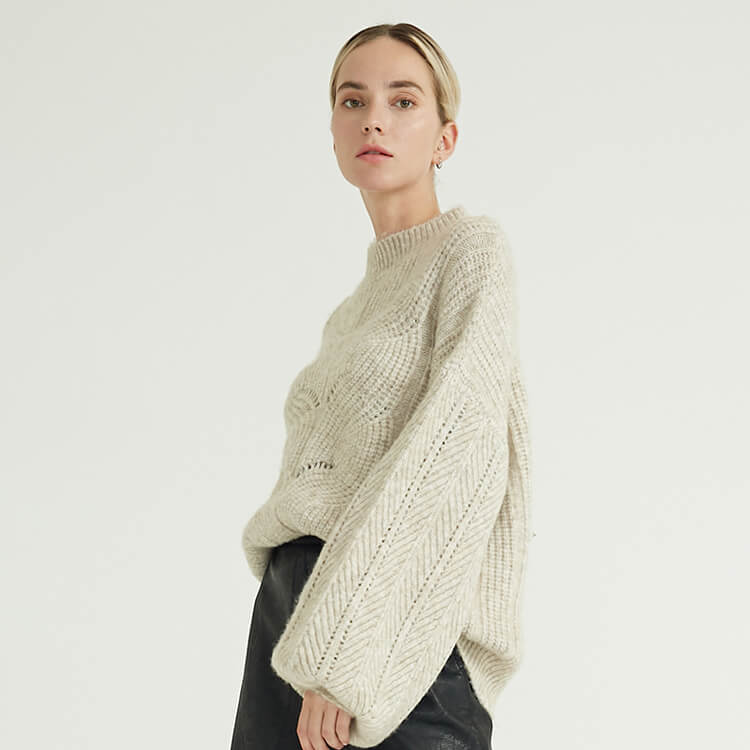 Pull en coton avancé simple à col mi-long de couleur unie pour femme