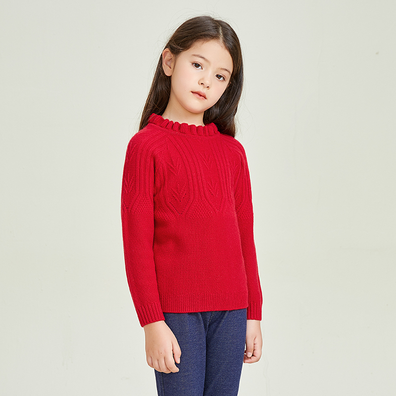 Pull à col rond en dentelle à manches longues rouge chaud pour filles