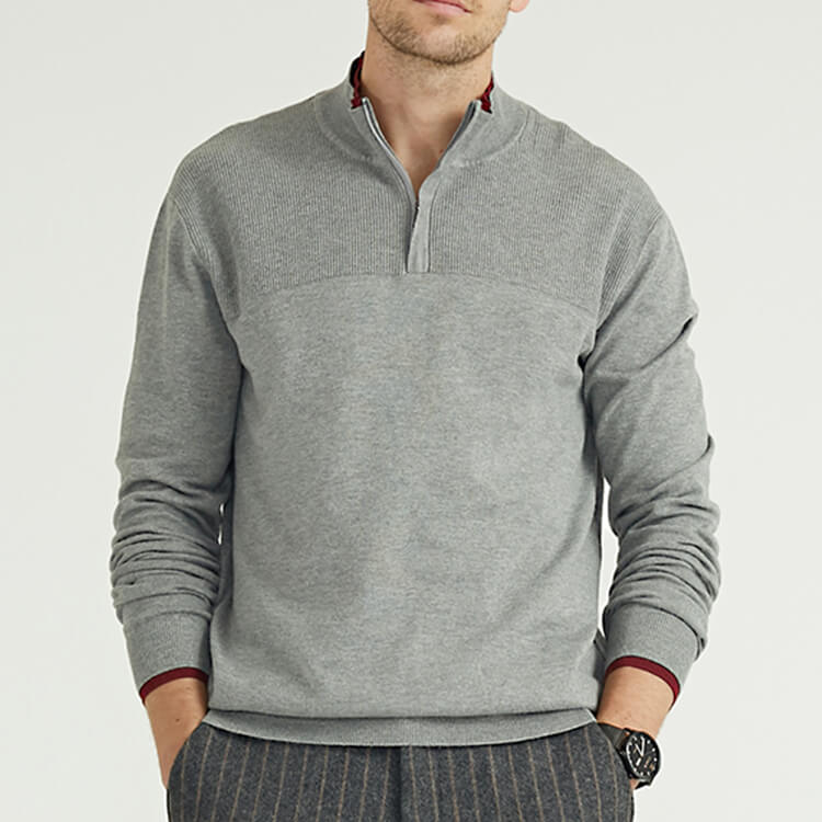 1/4 Zip Pull Tricoté Simple Contraste Couleur Pull à Manches Longues pour Homme