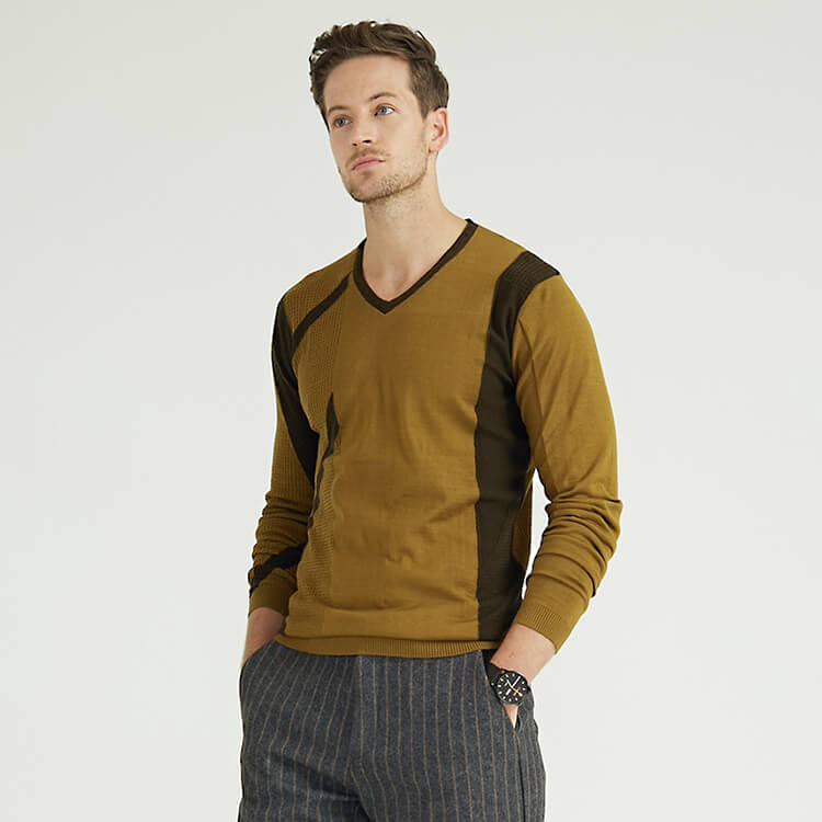 Col en V Tricoté Simple Contraste Couleur Patchwork Chandail à Manches Longues pour Homme