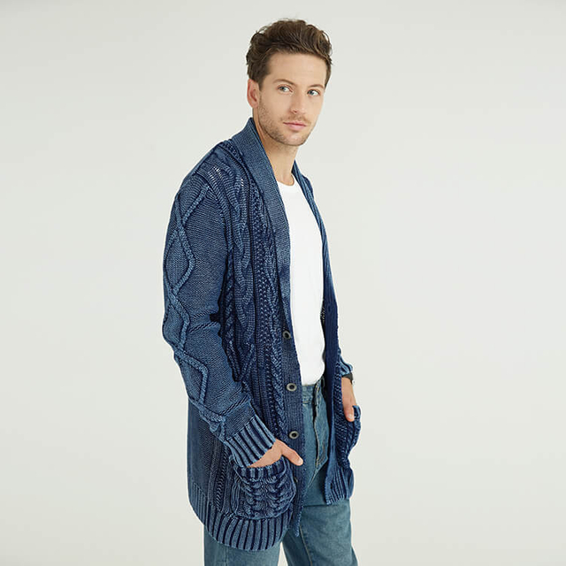 Manteau de cardigan long en détresse en tricot torsadé pour homme épais d'hiver personnalisé