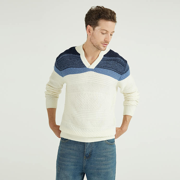 Pull à manches longues en maille fantaisie 100 % cachemire pour homme avec bloc de couleur