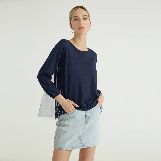 Pull en tricot bleu à col rond et à rayures en tulle pour femmes